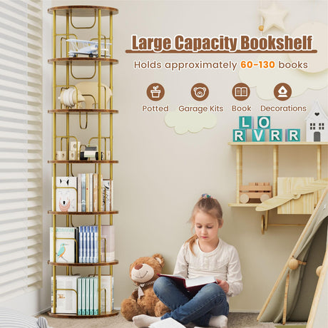 ALLSTAND 6 Tier Rotating Bookshelf, 360 ° Display Stackable Spinning Bookshelf Tower, Corner Bookshelf Tall Floor Standing Swivel Bookcase Narrow Storage Organizer for Bedroom, Living Room, Gold ALLSTAND