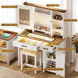 GlasFlength Farmhouse Makeup Vanity with Lighted Mirror,Vanity Desk with Charging Station,Vanity Table with Hidden Jewelry Cabinet,40'' Makeup Table with Glass Tabletop,Stool Included,Vintage White GlasFlength