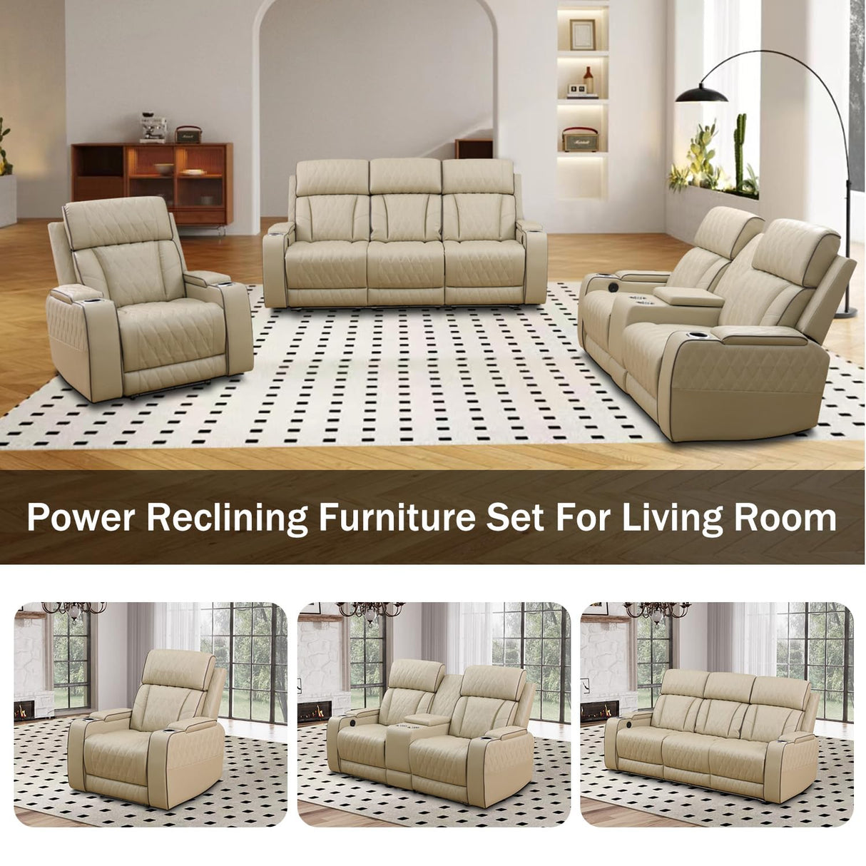GEBADOL Power Recliner Sofa Set for Living Room,Khaki Leather Reclining Sofas with USB Port,Leather Couch with Power Recliner for Living Room/Apartment/Office GEBADOL