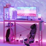 Bestier Pink Gaming Desk with Power Outlets, 44 Inch Led Gamer Desk with 4 Tiers Reversible Shelves, Pink Computer Desk with Headset Hook & Side Storage Bag for Bedroom (Pink 3D Carbon Fiber) Bestier