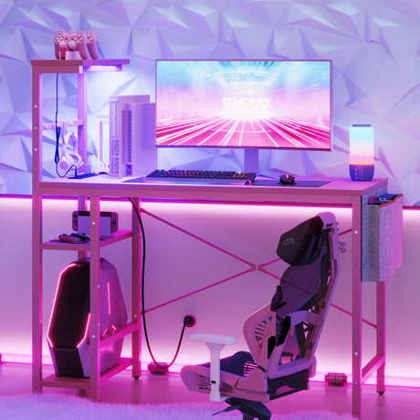Bestier Pink Gaming Desk with Power Outlets, 44 Inch Led Gamer Desk with 4 Tiers Reversible Shelves, Pink Computer Desk with Headset Hook & Side Storage Bag for Bedroom (Pink 3D Carbon Fiber) Bestier