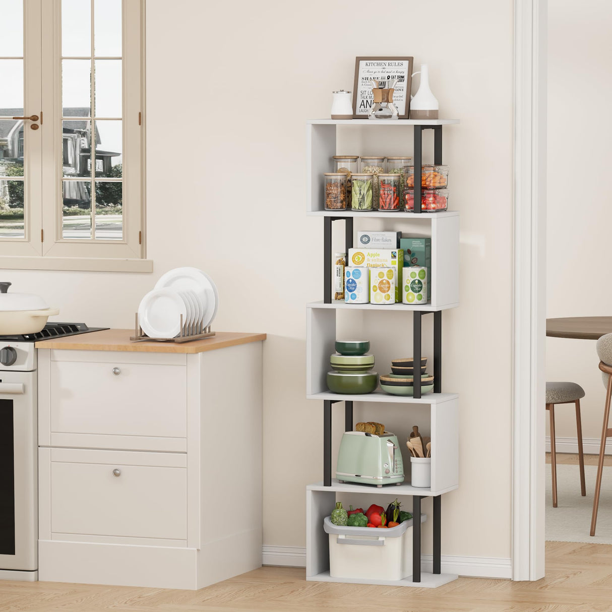 Gadroad 5-Tier Bookshelf, Narrow S-Shaped Geometric Bookcase, Wood Decorative Storage Shelving, Modern Freestanding Display Shelves, Book Shelf Unit for Living Room Bedroom Home Office, White Gadroad