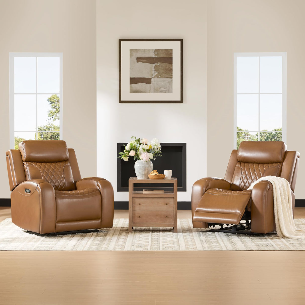 CHITA Genuine Leather Recliner Chair for Adults with Adjustable Power Headrest, Lay Flat Power Recliner with Slide-Out Cupholders & USB/Type-C Ports, Living Room Chair, Saddle CHITA