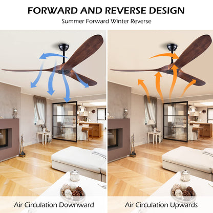 Solid Wood Ceiling Fans Without Light, 60 Inch Real Wood Ceiling Fan with Remote Control and 3 blade, Natural Wood Ceiling Fan Waterproof, Indoor Outdoor Ceiling Fans for Patio, Bedroom, Livi - WoodArtSupply