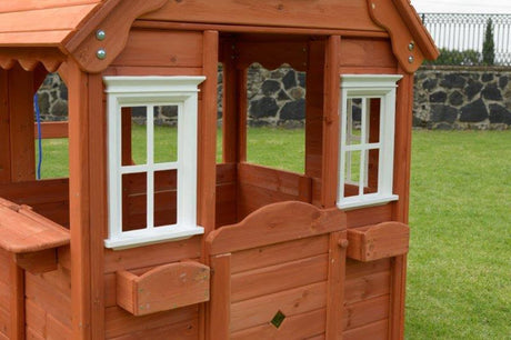 Sportspower Swing n' Play Wooden Outdoor Backyard Playhouse with Swing, Picnic Bench and Flower Boxes, Brown Sportspower