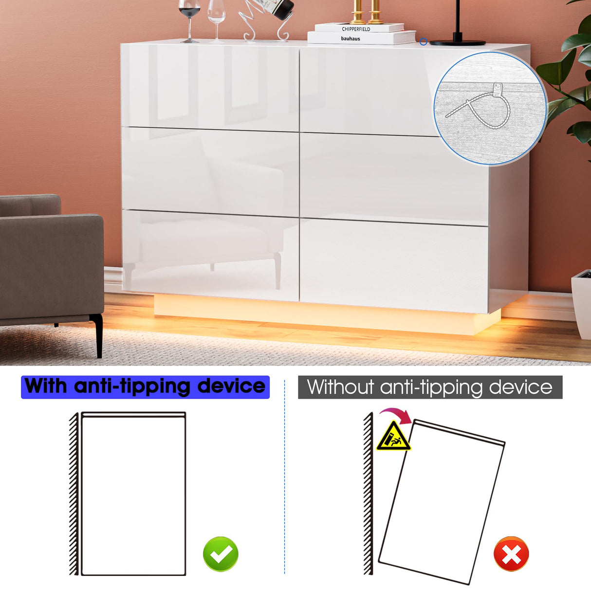 Anbuy White 6 Drawer Double Dresser with LED Light, Modern Dresser with High Gloss Drawers Dual Chest of Drawers Black Dresser for Bedroom with Lights (White) Anbuy