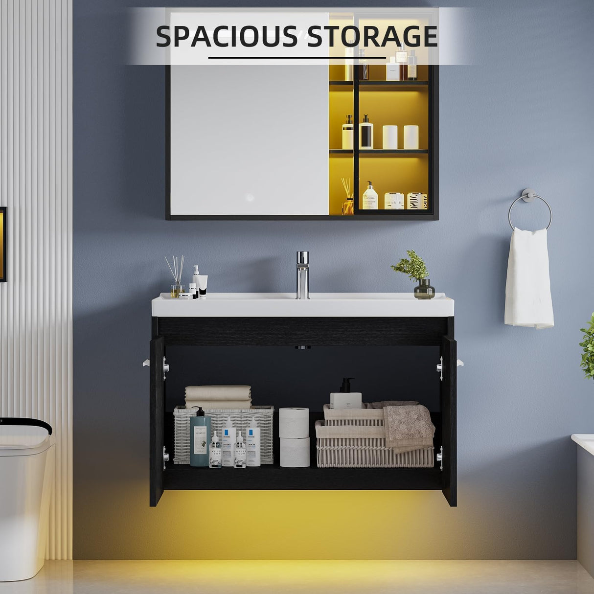 4ever2buy 31" Black Bathroom Vanity with Sink, Floating Bathroom Sink Cabinet with LED Light, Modern Clearance Bathroom Vanities with 2 Doors & Metal Handles 4ever2buy