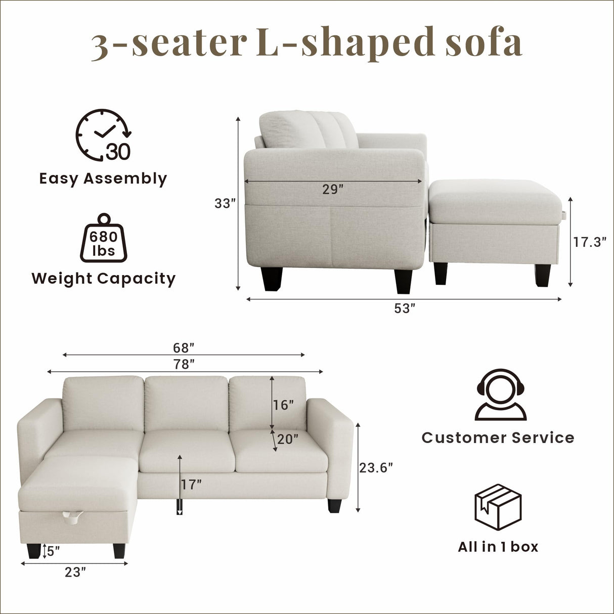 Couches for Living Room - Sectional Sofa L Shaped Cloud Couch-Small Modular 3 Seat-Comfy Linen with Storage Deep Seat Sofa,Washable Covers-Suitable for Living Room-Apartment-Office-Bedroom-Beige Clotius