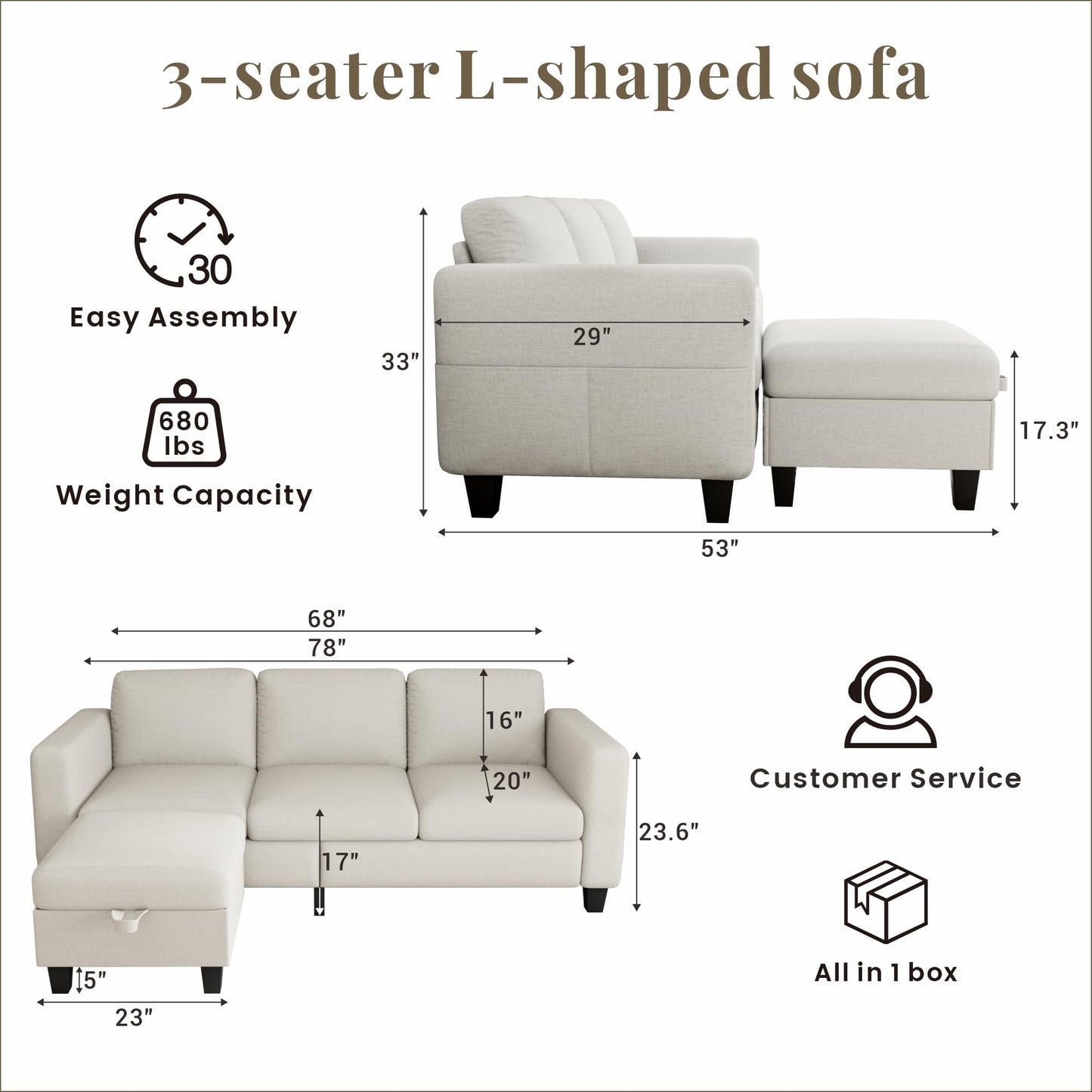 Couches for Living Room - Sectional Sofa L Shaped Cloud Couch-Small Modular 3 Seat-Comfy Linen with Storage Deep Seat Sofa,Washable Covers-Suitable for Living Room-Apartment-Office-Bedroom-Beige