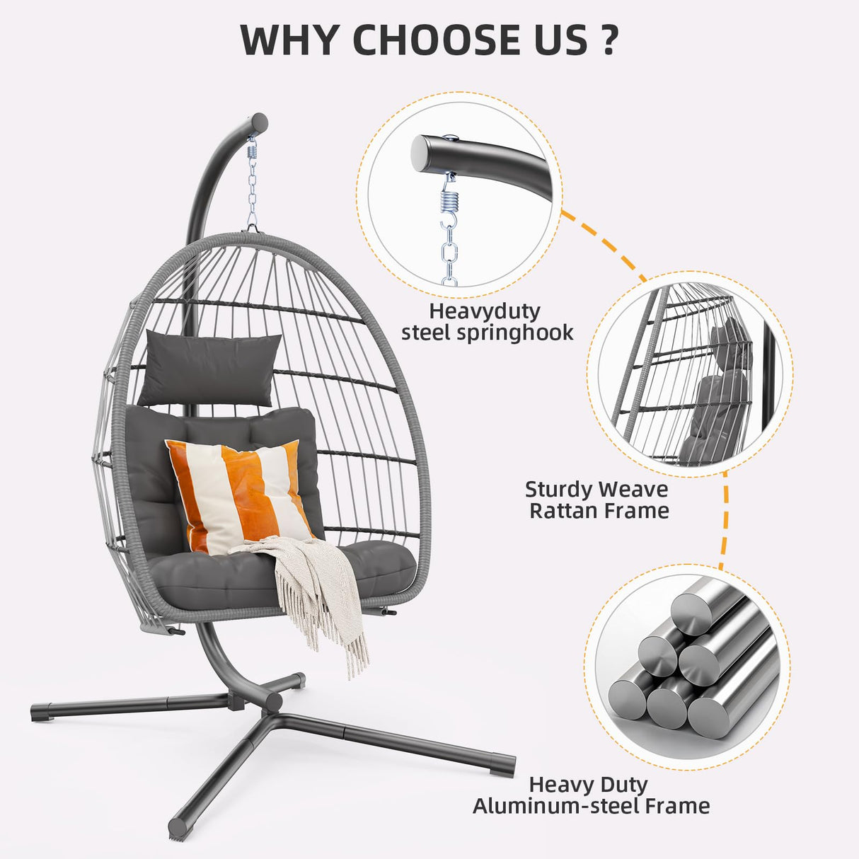 Garvee Egg Chair with Stand,Patio Rattan Wicker Hanging Swing Egg Chair Hammock Chair for Bedroom Porch Garden,Thickened Aluminum Alloy Steel Frame and UV Resistant Cushion,350LBS Capacity Garvee