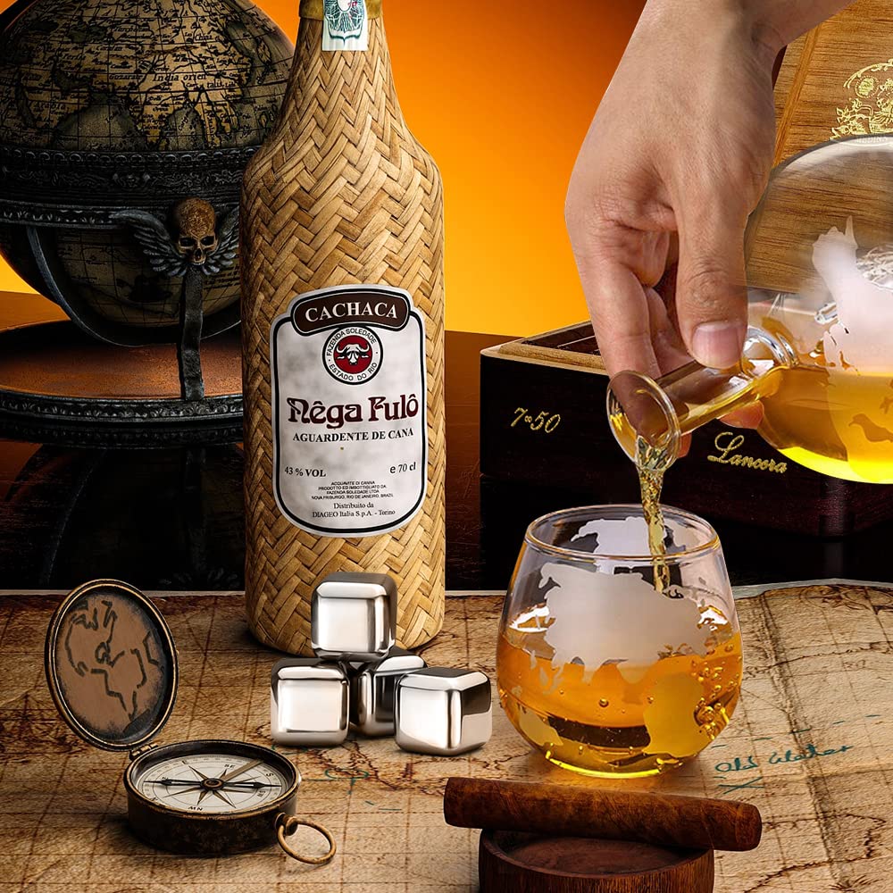 BLOCE Whiskey Decanter Sets for Men with Glasses, Etched World Globe Whiskey Gifts for Dad with 2 Glasses, 4 Ice Cubes Set, Dad Birthday Gift for All Kinds of Alcohol Drinks and Vodka BLOCE