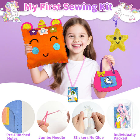 DUOROUBAO 8-in-1 Sewing Kit for Kids, Unicorn Art Craft for Kid Easy DIY Sewing Projects with Instructions Learn to Sew My First Sewing Kit Birthday Christmas Gifts for Girls Boys Education Toys 5+ DUOROUBAO