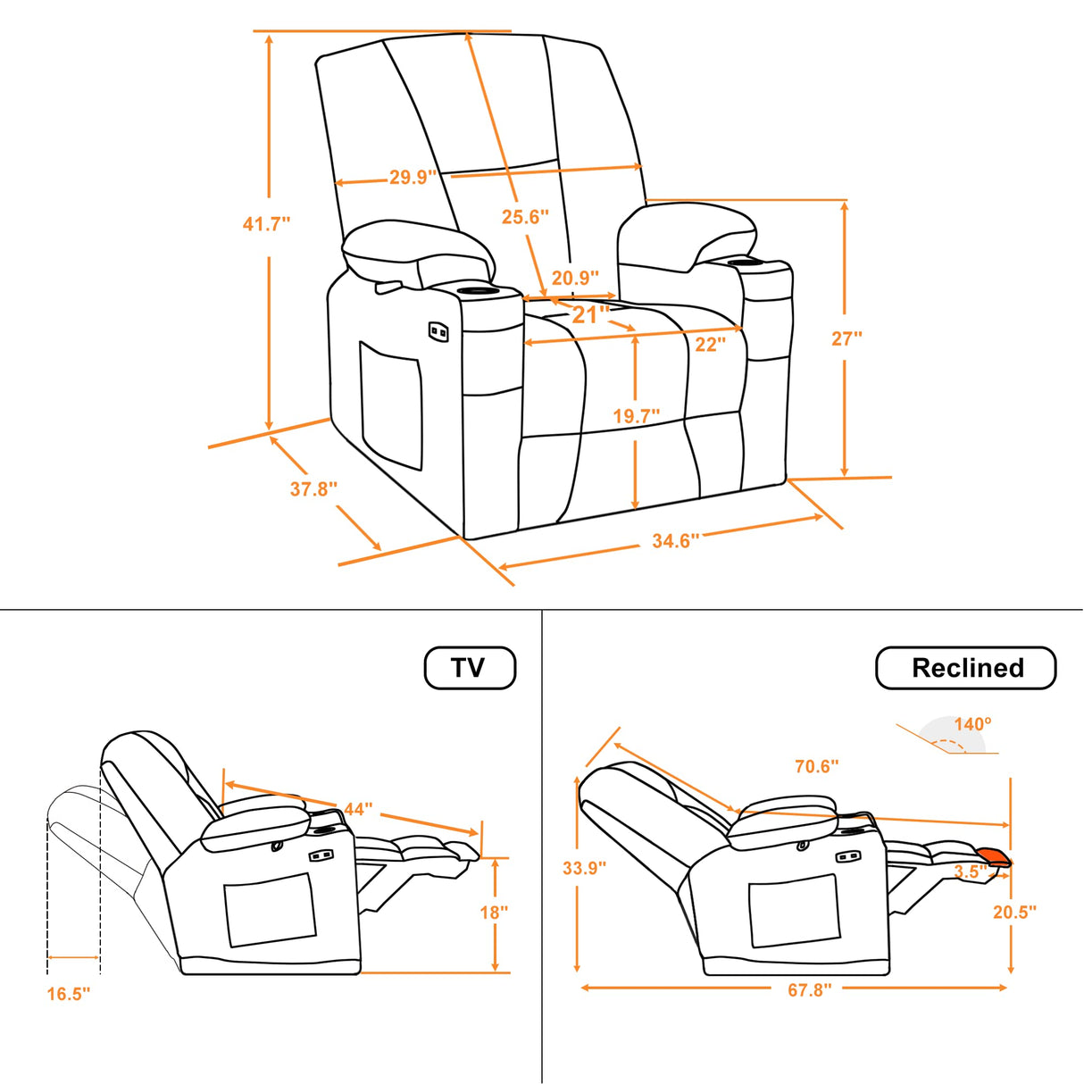 MCombo Zero Gravity Power Recliner Chair with Heat and Vibration Massage, Reclining Chair with USB & Type C Ports, Cup Holders for Living Room, Fabric 8015 (Beige) MCombo