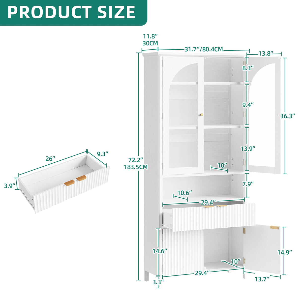 YITAHOME 72" Tall Fluted Bookshelf with LED Lights, White Bookcase with Drawers, Arched Glass Doors, 6-Tier Storage Cabinet Bookcase for Living Room, Office and Study YITAHOME