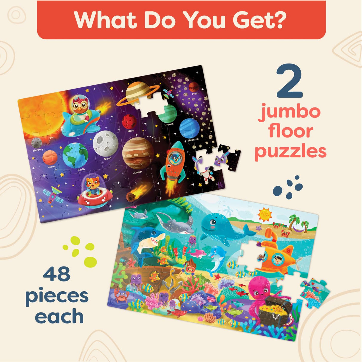B. toys- Gigantic Jigsaw 2-Pack - Sea & Solar System- 48-Piece Floor Puzzles-Large 2 x 3 Feet Jigsaw Puzzles for Kids – Educational & Developmental Toys – 3 Years + B. toys
