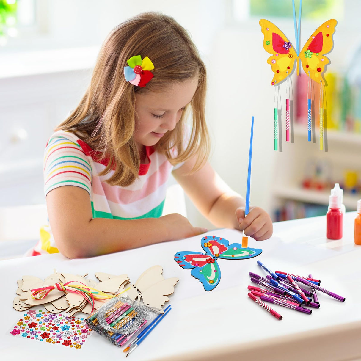 Wenqik 12 Pack Wind Chime Kit Spring Crafts Wooden Arts Make Your Own Wind Chime Ornaments DIY Coloring Craft for Spring Art Activities Favor Supplies(Butterfly) Wenqik