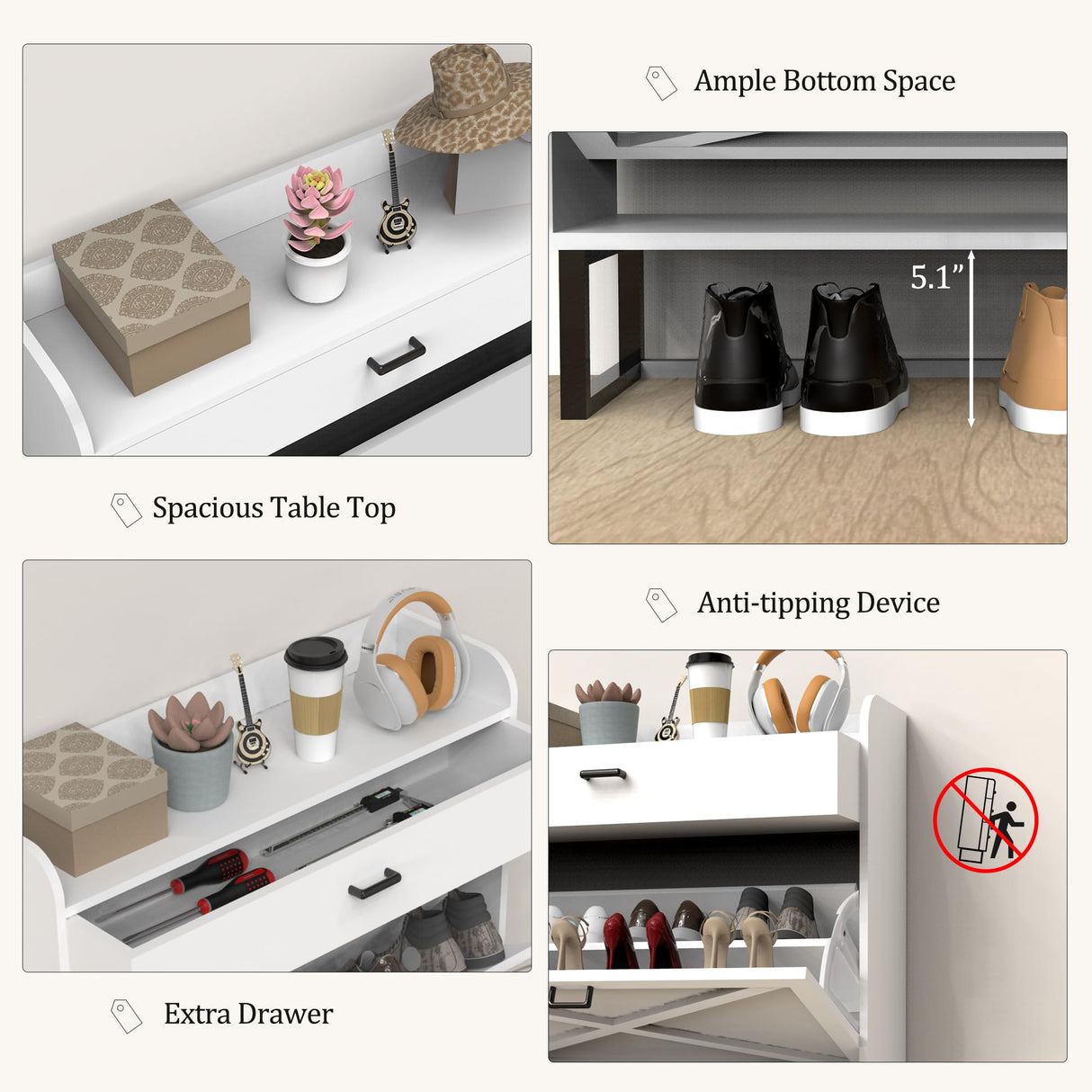 OneBlis Shoe Cabinet with 2 Flip Drawers, Freestanding Shoe Cabinet Organizer with Metal Legs, Wood Shoe Storage Cabinet for Entryway, Narrow Shoe Rack, White OneBlis