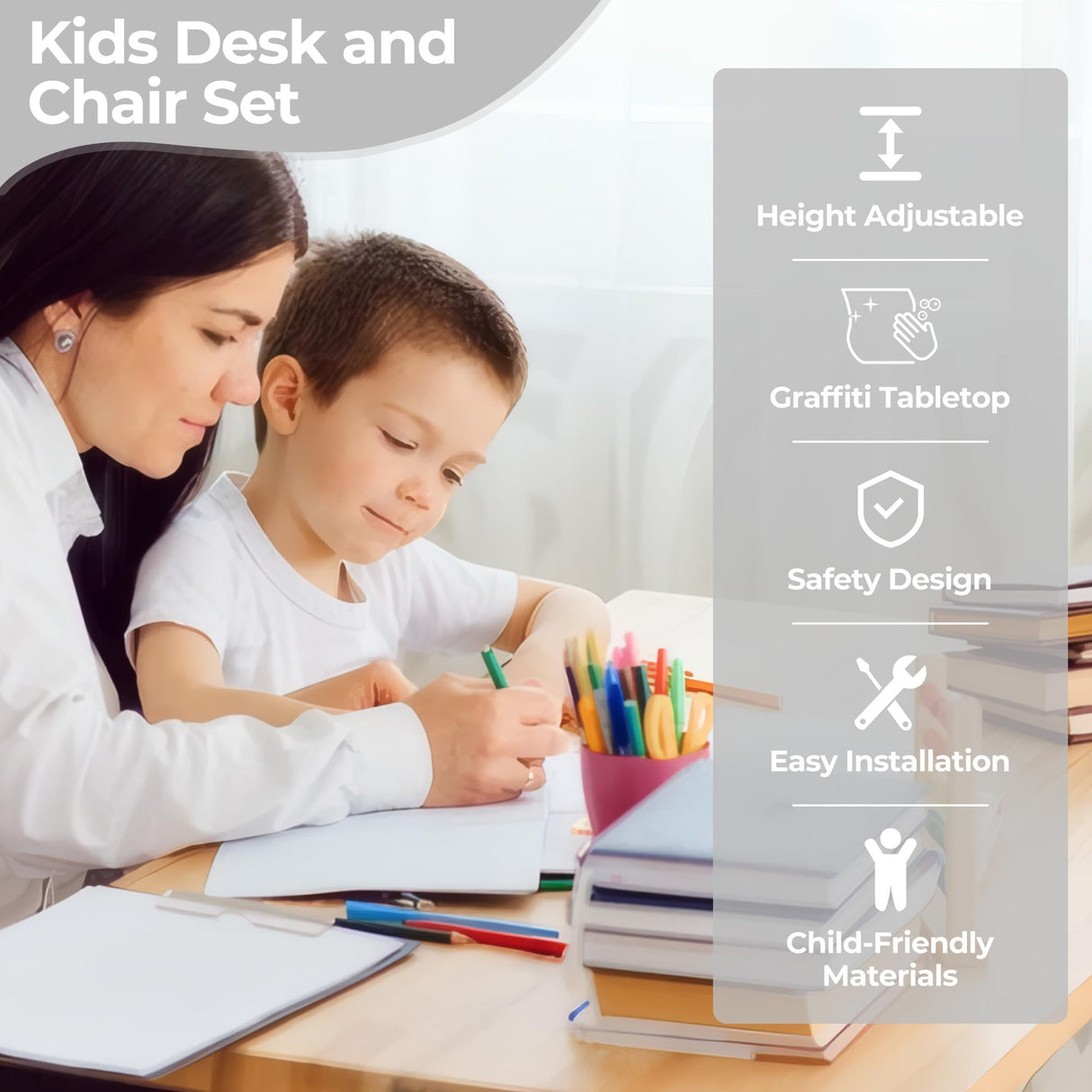 DOREROOM Kids Desk and Chair Set, Multi-Activity Children Study Table and Chair Set with Bookshelf for Home/Classrom, Height Adjustable, Graffiti Desktop, Removable Storage Rack for Toddler Ages 3-12 DOREROOM