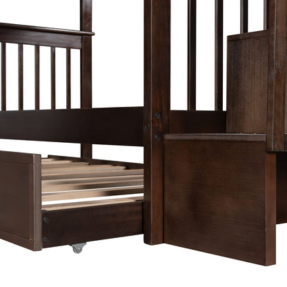 Twin Over Twin Bunk Bed with Trundle and Stairs, Solid Wood Bunk Beds Frame with Storage for Kids, Teens, Adults, Bedroom, Dorm. No Box Spring Needed (Espresso)