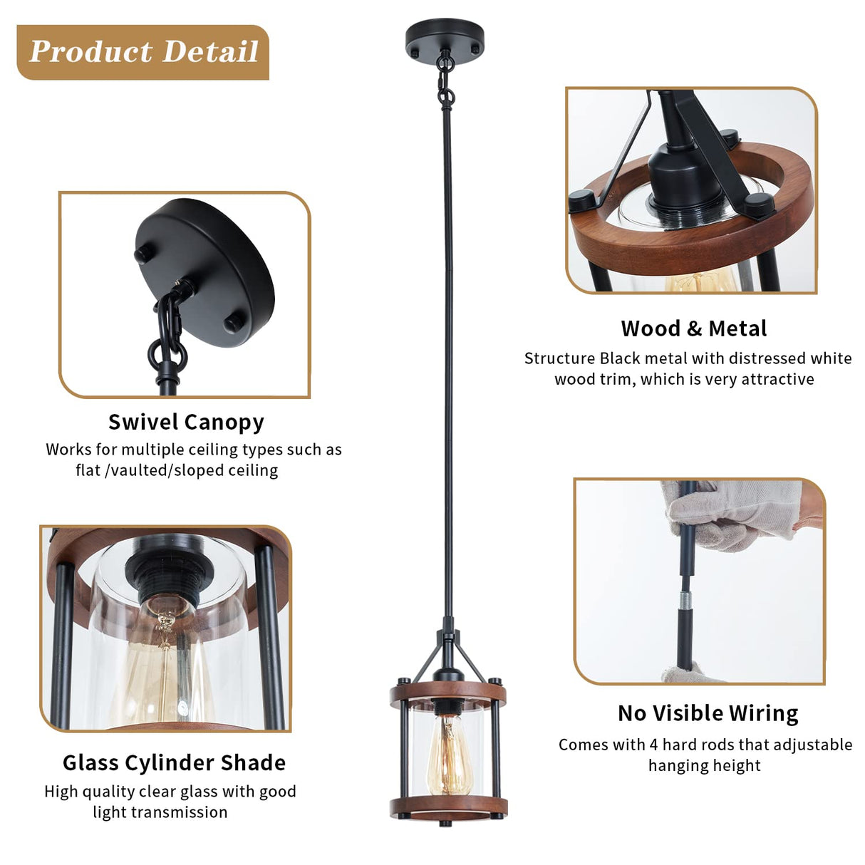 Ejerlya Farmhouse Pendant Light, Rustic Walnut Wood Metal Cage Hanging Light Fixtures with Glass, Adjustable for Flat and Slop Ceiling, Pendant Lighting for Kitchen Island Foyer Hallway,2-Pack Ejerlya