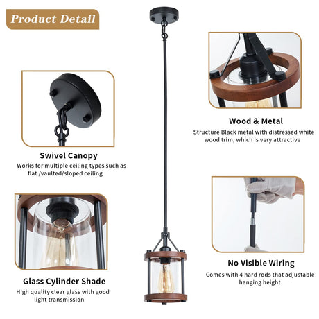 Farmhouse Pendant Light in Wood and Metal Cage, Rustic Brown Wood Pendant Light with Glass, Adjustable Hanging Light Fixtures, Mini Pendant Lighting for Kitchen Island, Hallway, Foyer, 1 Pack Ejerlya