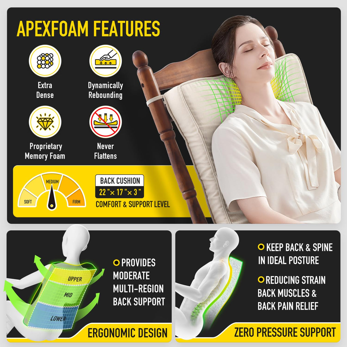 SUNROX Memory Foam Non Slip Rocking Chair Cushion, FadeShield Water Resistant Thicken Durable Tufted Pads, Set of Seat & Back Cushion with Ties for Indoor/Outdoor Rocker, 2 Piece, Cream SUNROX