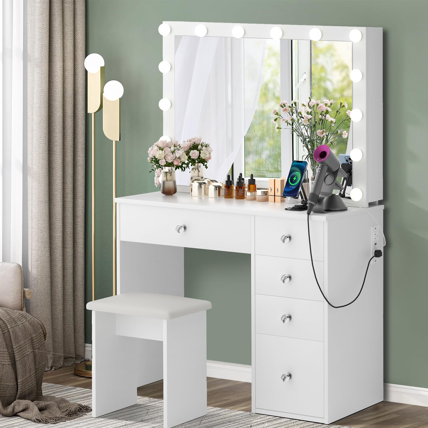 Makeup Vanity Desk with Lighted Mirror & Power Outlet & 5 Drawers, Vanity Table with 3 Lighting Modes Brightness Adjustable, Sliding Storage, White Vanity Set for Bedroom - WoodArtSupply