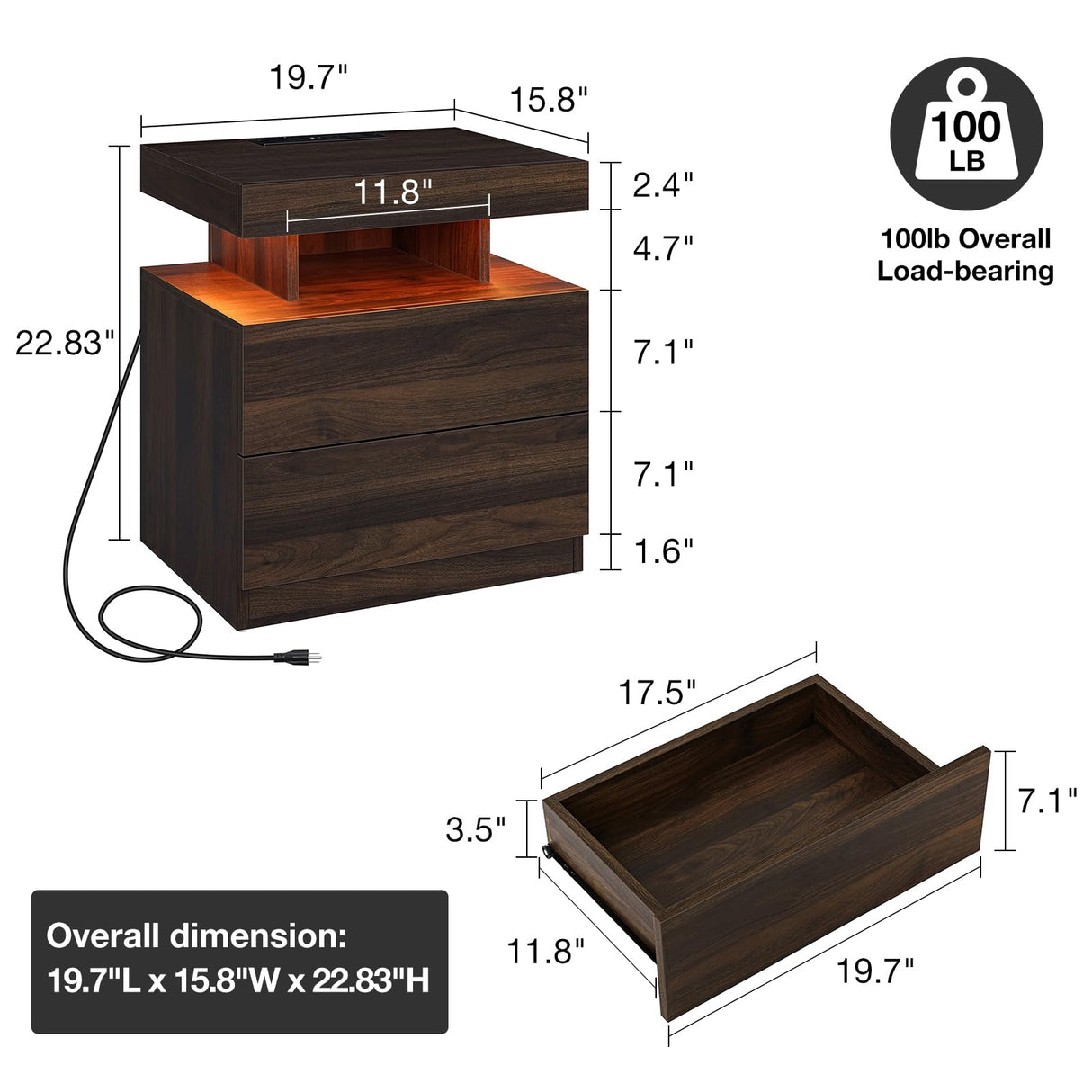 HOMMPA LED Nightstand with Wireless Charging Station Dark Walnut Wood Bedside Table with Led Light Smart Nightstand USB Port Type C Night Table with 2 Drawers Mid Century LED Night Stand for Bedroom HOMMPA