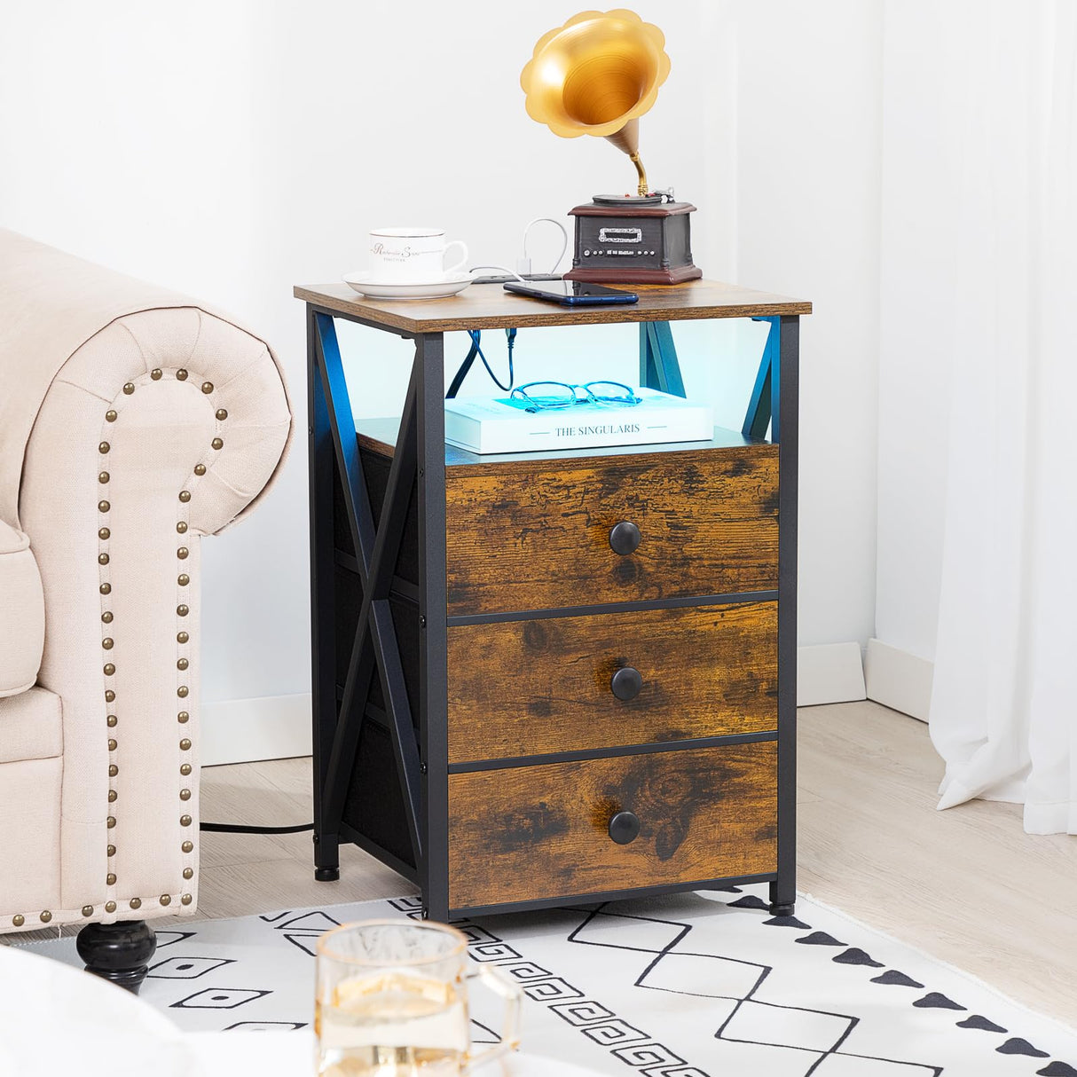 AMHANCIBLE Night Stand Set 2, LED Nightstand with Charging Station, End Side Tables with USB Port & Outlet, Bedside Tables with Fabric Drawers for Bedroom Living Room, Rustic Brown HET053LBR AMHANCIBLE