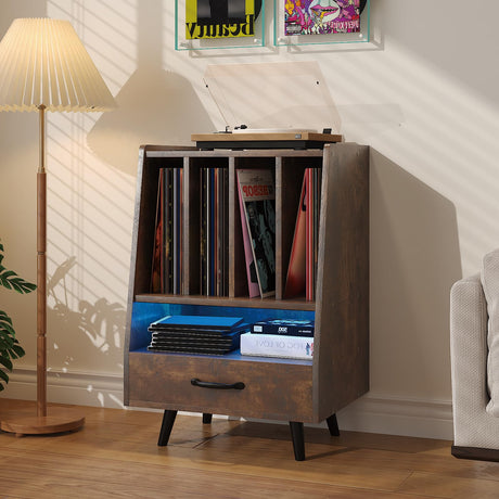 HedoAjim Large Record Player Stand with Vinyl Storage with LED Light, Turntable Stand with Drawer, Midcentury Record Player Table Holds Up to 200+ Albums, DVD Shelf for Music Room Living Room-Walnut HedoAjim