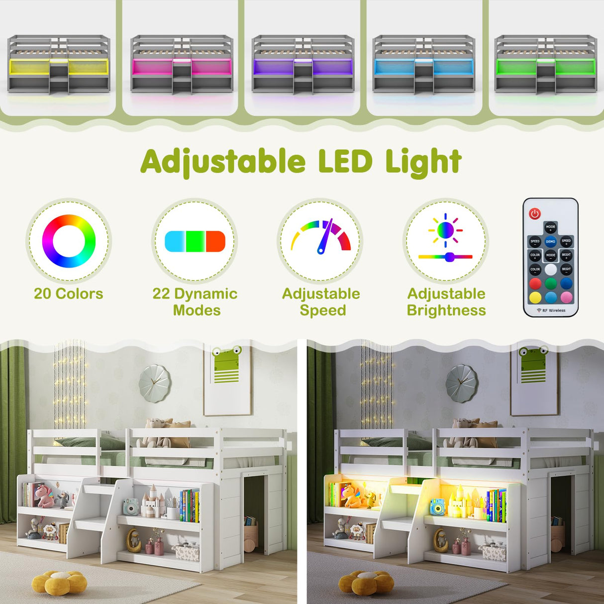 Giantex White Low Loft Bed with LED Lights, Bookcase, Storage, and Staircase for Kids Giantex