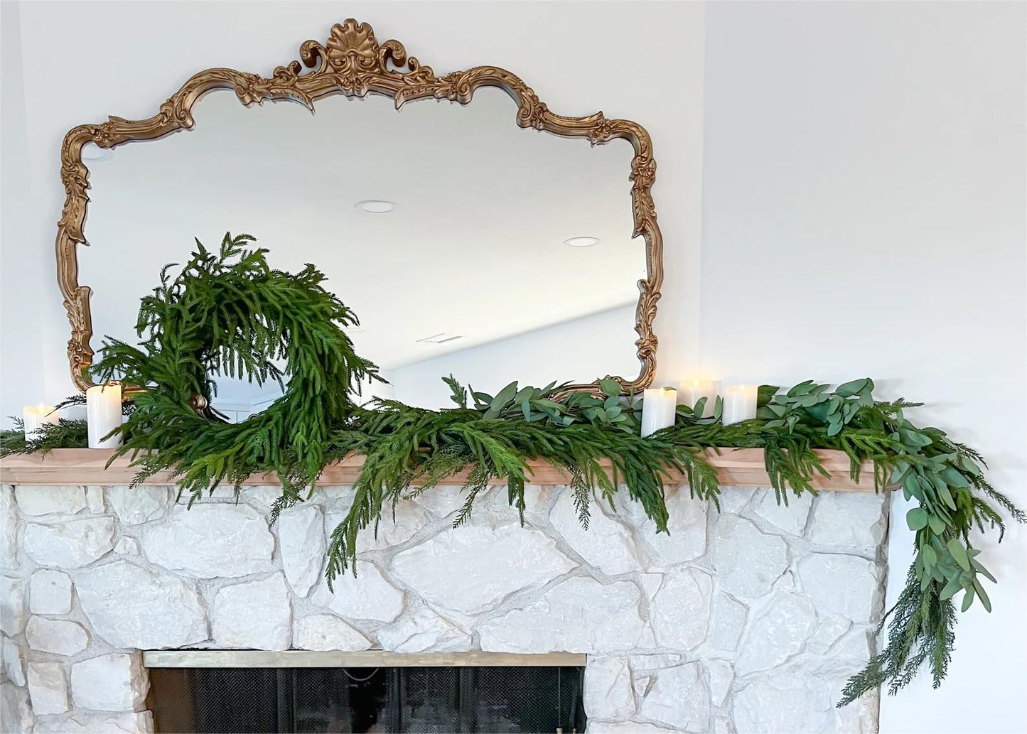 ENVEN Real Touch Norfolk Pine Christmas Garland and Wreath Set, 24IN Green Wreath and Christmas Garland Artificial Faux Greenery Norfolk Pine for Holiday Indoor Mantle Decor (6FT - 24IN)