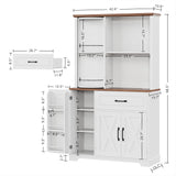 IRONCK Farmhouse Kitchen Pantry Cabinet with Charging Station, Kitchen Hutch Storage Cabinet with Microwave Stand and Rotating Rack for Kitchen, Dining Room, White IRONCK