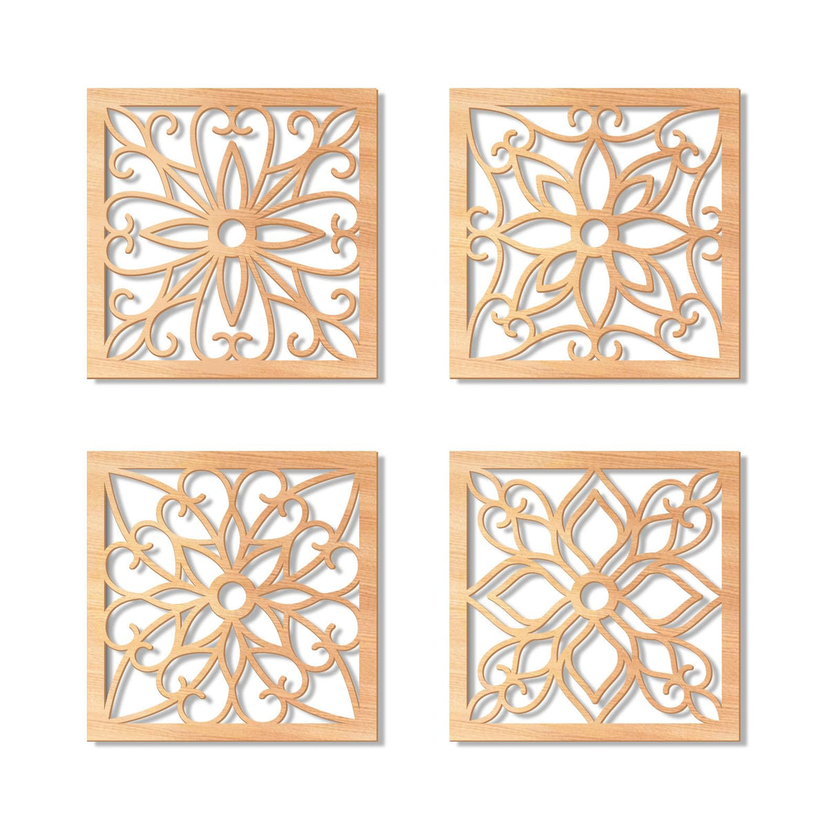 KOYILTD 4 Pieces Thicken Rustic Wall Decor,Flower Carved Wall Art,Wooden Hollow Carved Design (Square, 8.2in) KOYILTD