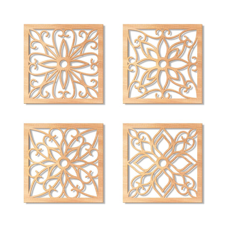 KOYILTD 4 Pieces Thicken Rustic Wall Decor,Flower Carved Wall Art,Wooden Hollow Carved Design (Square, 8.2in) KOYILTD
