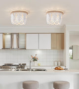 AMZASA White Boho Wood Beaded with Hemp Rope Flush Mount Ceiling Light Farmhouse Small Chandelier Light Fixture for Bedroom Hallway Entryway Closet Kitchen Dining Room Living Room Nursery AMZASA