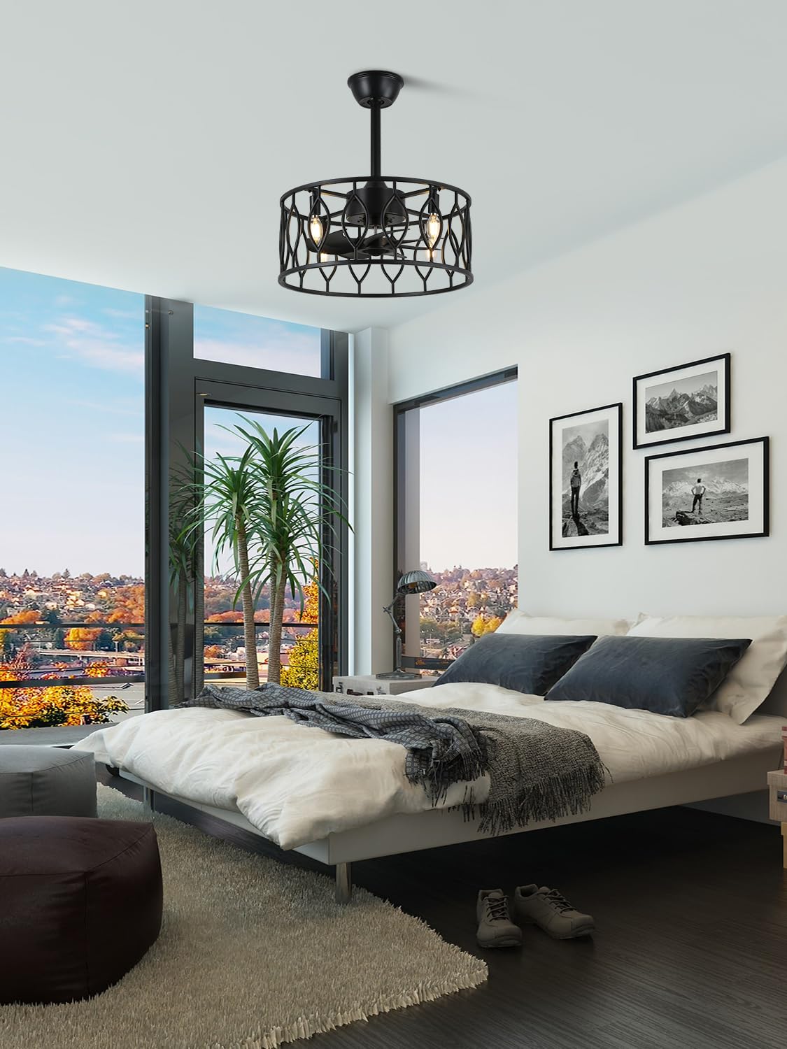 Curve Curio 19 Inch Caged Farmhouse Ceiling Fan with Lights and Remote, Rustic Industrial Fandelier Ceiling Fan Enclosed for Bedroom Curve Curio