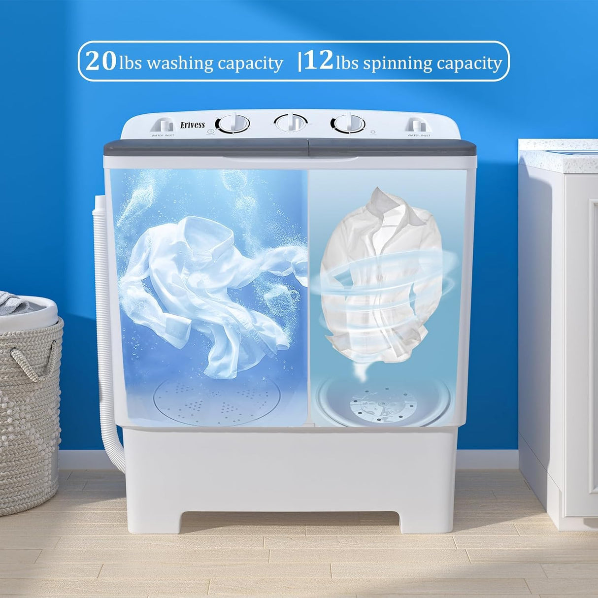 Erivess Compact Mini Twin Tub 32 lbs Washing Machine with Drying Rack& 10 Hangers, 20 lbs Washer Mini Compact Laundry Machine and 12 lbs Spinner, Convenient and Efficient for Dorms, Apartment Erivess