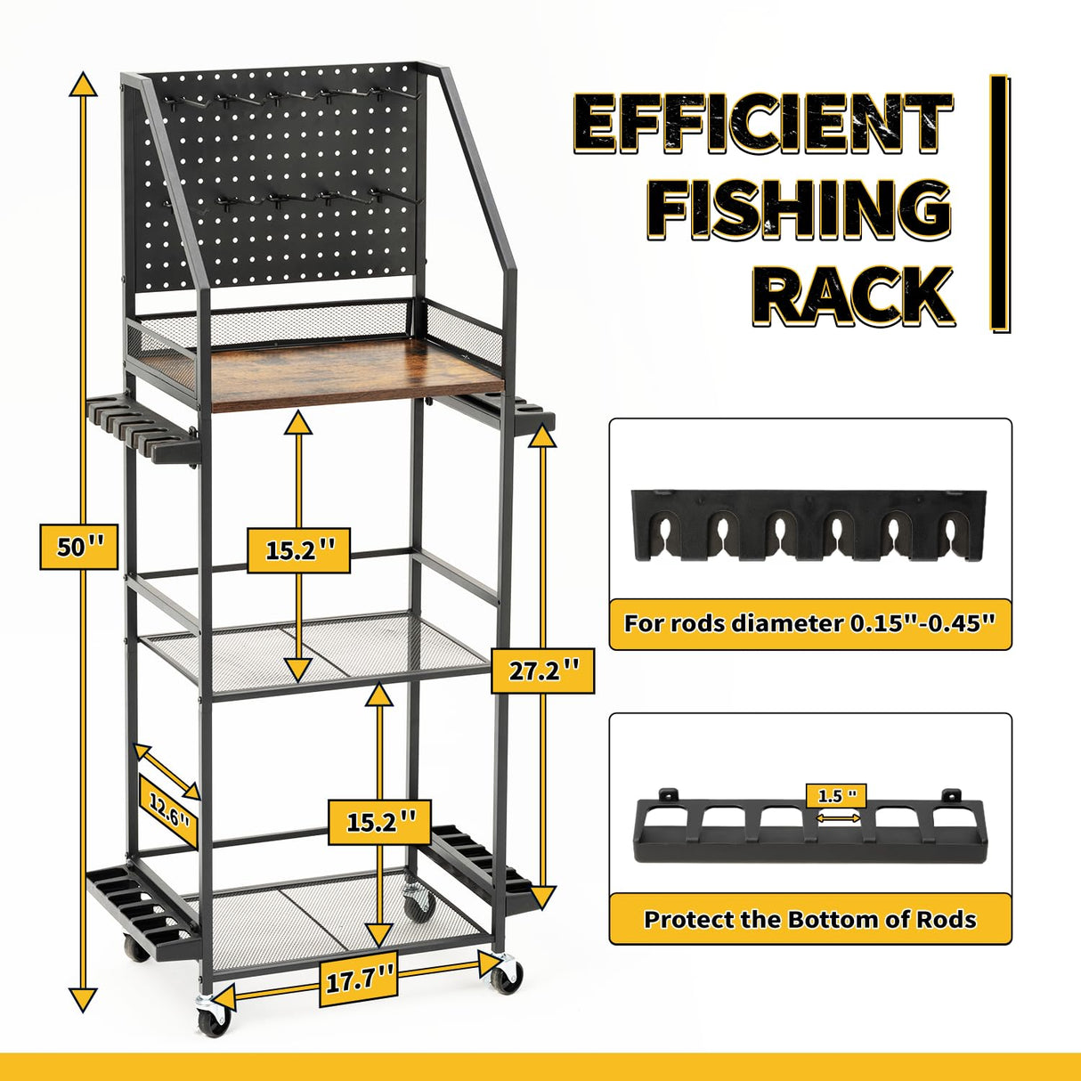 SOYEEZE Fishing Rod Holders for Garage with Pegboard and Lockable Wheels, 3-Tier Fishing Pole Rack with 10 Hooks, Fishing Gear Tackle Box Organizer Up to 12 Rods, Rolling Fishing Storage Cart SOYEEZE