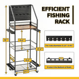 SOYEEZE Fishing Rod Holders for Garage with Pegboard and Lockable Wheels, 3-Tier Fishing Pole Rack with 10 Hooks, Fishing Gear Tackle Box Organizer Up to 12 Rods, Rolling Fishing Storage Cart SOYEEZE