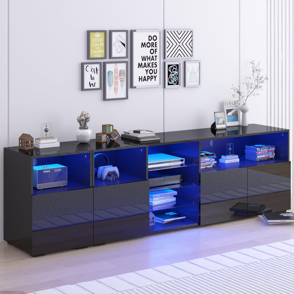 Hlivelood LED TV Stand for 85/75/65 Inch TV, High Glossy Modern TV Console Entertainment Center with Storage and LED Lights for Living Room, Bedroom, Black Hlivelood