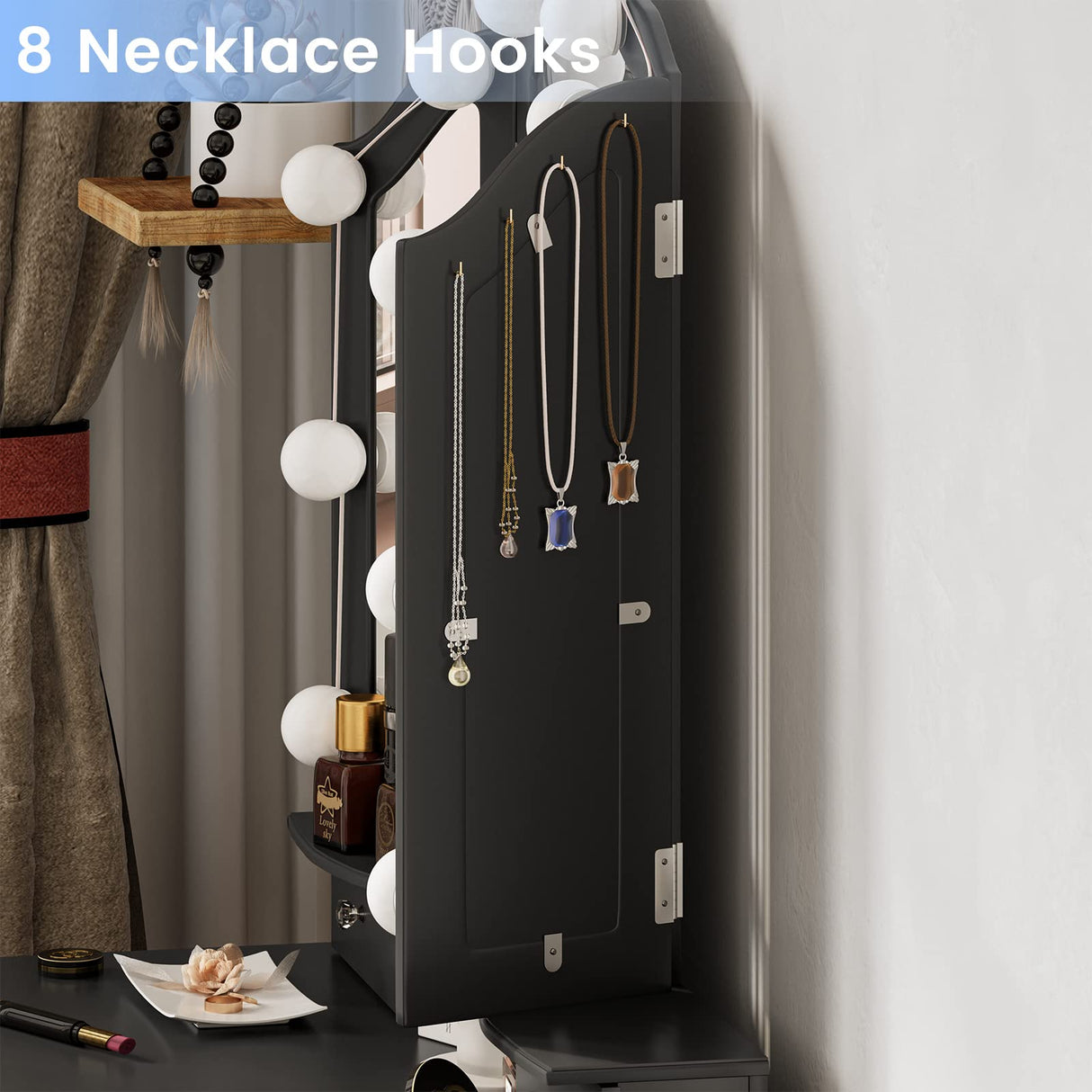 Tiptiper Vanity Desk, Makeup Vanity with Lighted Tri-fold Mirror and Stool, Vanity Set with 5 Drawers, 3 Light Settings & Adjustable Brightness, Black Tiptiper