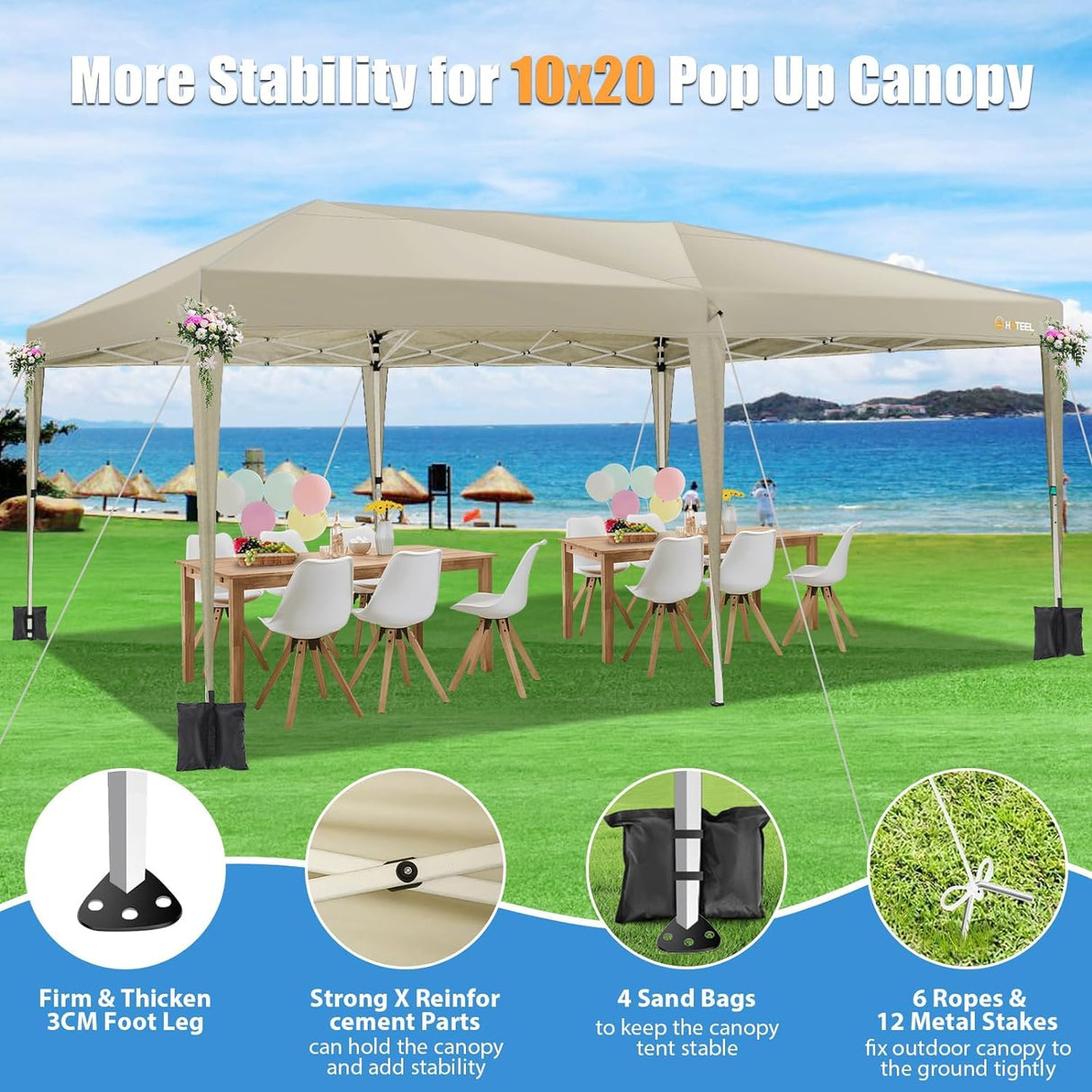 HOTEEL 10x20 Pop Up Canopy Tents for Parties, Outdoor Tent with 6 Sidewalls & 8 Wind-Resistant Rods & Carry Bag, Easy Setup for Patio Events, Wedding, Commercial, Waterproof and UV50+ Protection,Khaki Hoteel