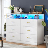 AOGLLATI White Dresser for Bedroom with Column Design, Charging Station, Modern 6 Drawer Wide Led Dresser for Bedroom,White AOGLLATI