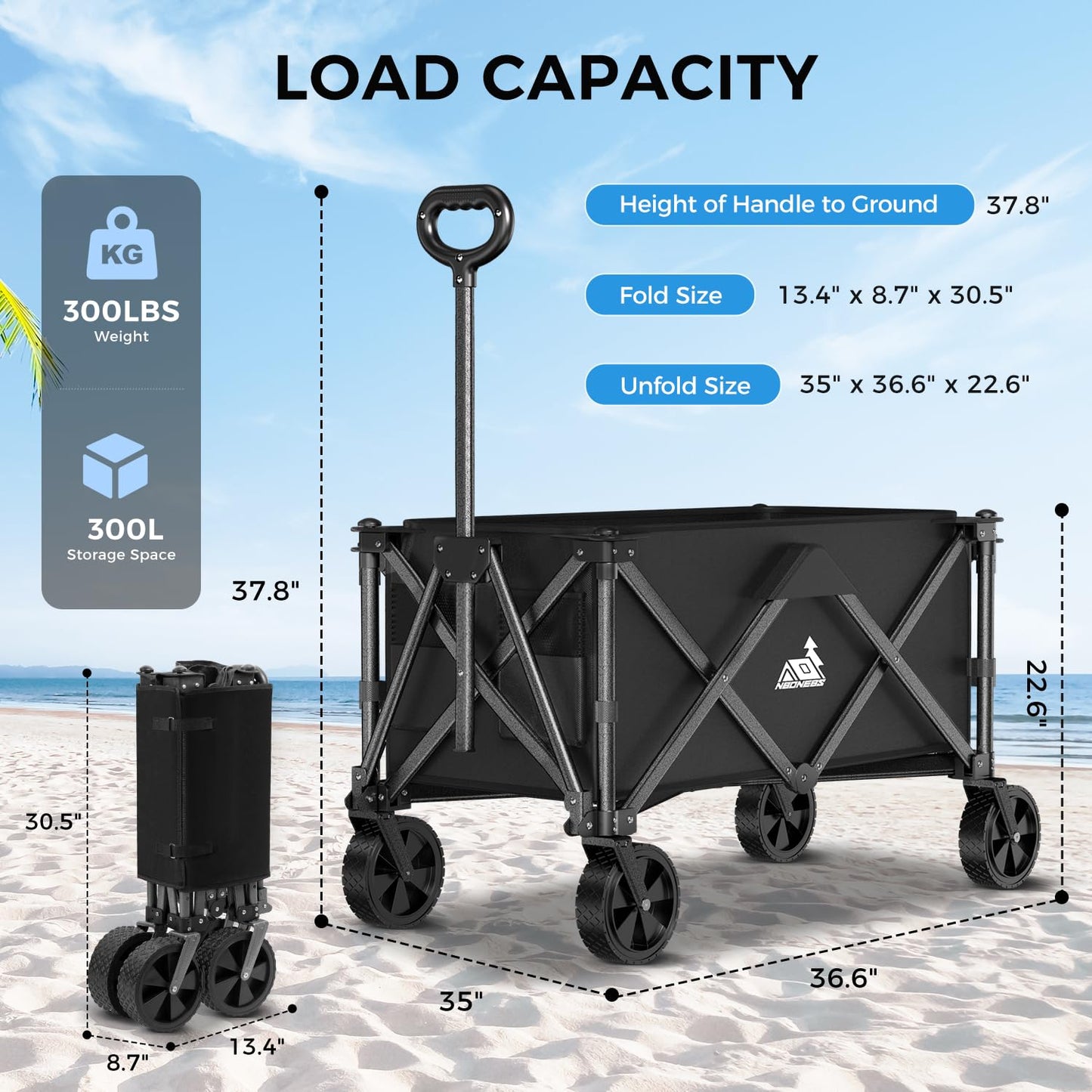 Collapsible Wagon Carts with Large Capacity, Utility Beach Wagons Heavy Duty Foldable,Side Pockets,300lb Load-Bearing Outdoor for Camping, Garden, Sports, Picnic, Shopping-Black