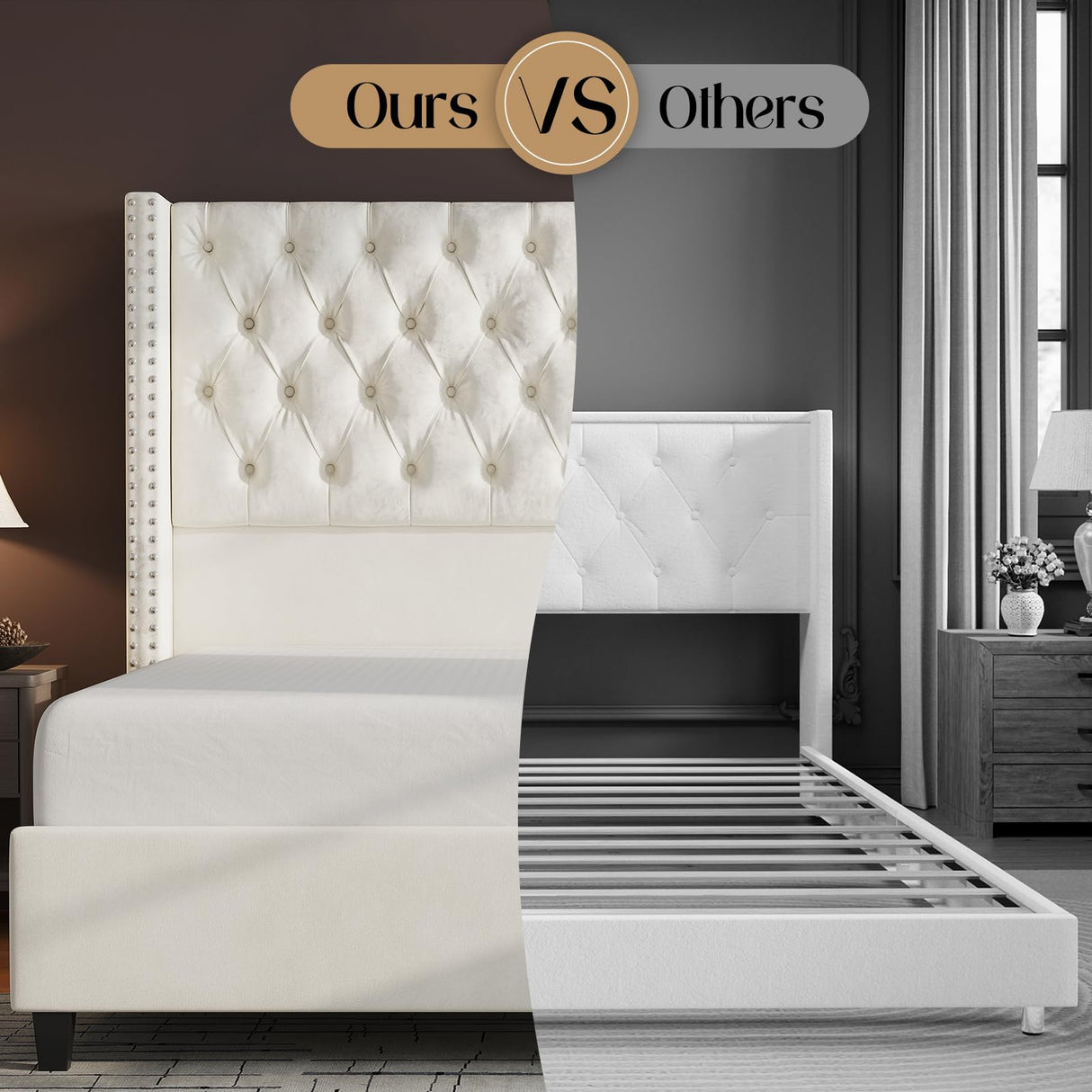 Jocisland Queen Upholstered Bed Frame with Tall Headboard Wingback Platform Bed Tufted Deep Button Velvet/No Box Spring Needed/Easy Assembly/Cream Jocisland