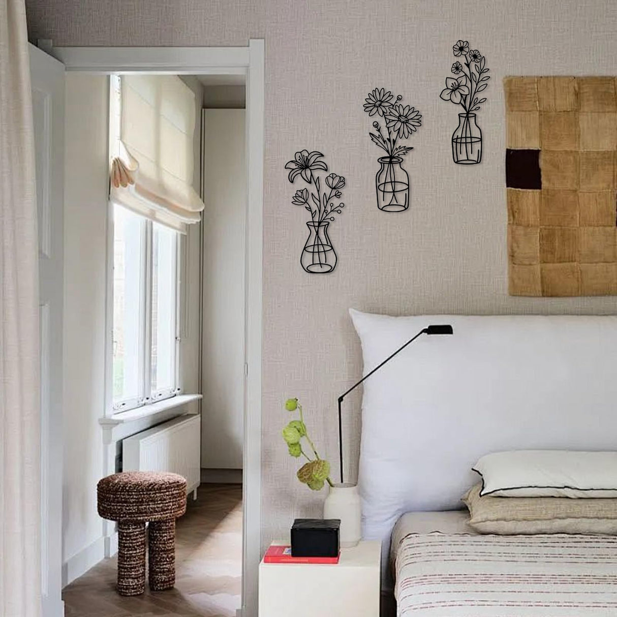 OYEFLY 3 Pieces Metal Flowers Wall Arts,Black Metal Vase Wall Art,Rustic Farmhouse Decor (Black) OYEFLY