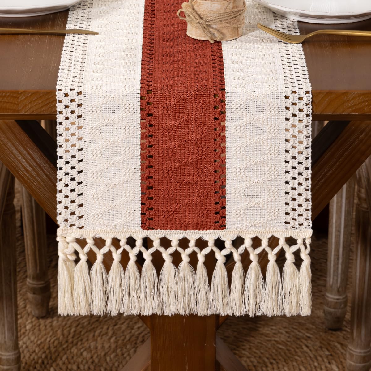 DeZerlor Boho Macrame Table Runner Terracotta Fall Farmhouse Woven Small Table Runner with Tassels 48 Inches Ivory& Rust Cotton Linen Kitchen Table Centerpiece for Dining Dresser Home Tea Table Decor DeZerlor