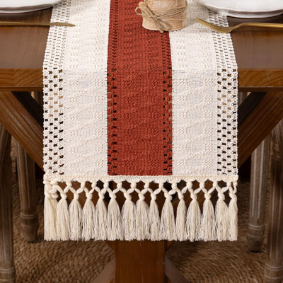 DeZerlor Boho Macrame Table Runner Terracotta Fall Farmhouse Woven Small Table Runner with Tassels 48 Inches Ivory& Rust Cotton Linen Kitchen Table Centerpiece for Dining Dresser Home Tea Table Decor