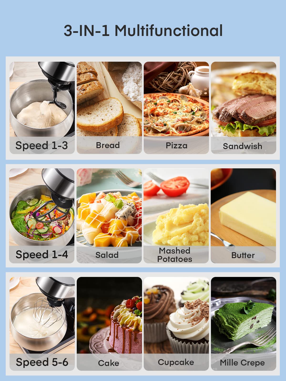 Stand Mixer FOHERE, 5.8 QT Stainless Steel Mixer with Dough Hook, Mixing Beater, Wire Whip, Dishwasher-safe, 6+P Speeds Tilt-Head Kitchen Dough Mixers for Cake, Electric Home Cooking Kitchen Mixer FOHERE